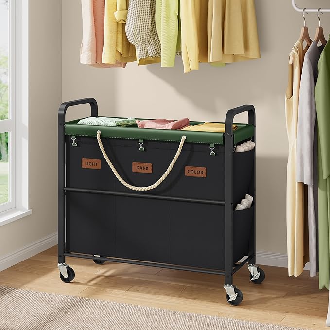 Tajsoon 148L Large Laundry Sorter 3 Section, Laundry Hamper with Heavy Duty Lockable Wheels, Rolling Laundry Basket with Super Sturdy Metal Frame and Handle, Removable Bags & Leather Patchwork, Black