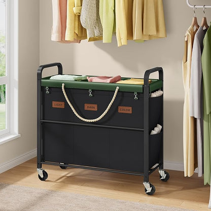 Tajsoon 148L Large Laundry Sorter 3 Section, Laundry Hamper with Heavy Duty Lockable Wheels, Rolling Laundry Basket with Super Sturdy Metal Frame and Handle, Removable Bags & Leather Patchwork, Black