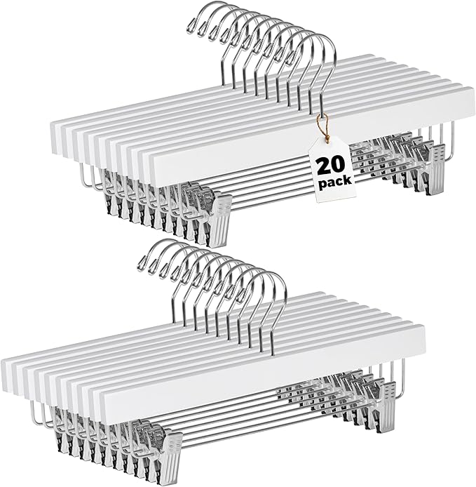 Quality Hangers Wooden Pants Hangers - 20-Pack Swivel Hook Cloth Hanger Set - Lotus Wood Skirt, Pant, Shorts and Slack Hangers with Adjustable Clip – White Clothing Hanger (White, 20)