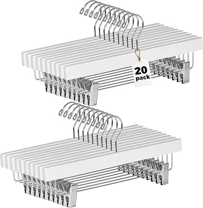 Quality Hangers Wooden Pants Hangers - 20-Pack Swivel Hook Cloth Hanger Set - Lotus Wood Skirt, Pant, Shorts and Slack Hangers with Adjustable Clip – White Clothing Hanger (White, 20)