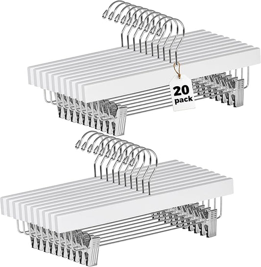 Quality Hangers Wooden Pants Hangers - 20-Pack Swivel Hook Cloth Hanger Set - Lotus Wood Skirt, Pant, Shorts and Slack Hangers with Adjustable Clip – White Clothing Hanger (White, 20)