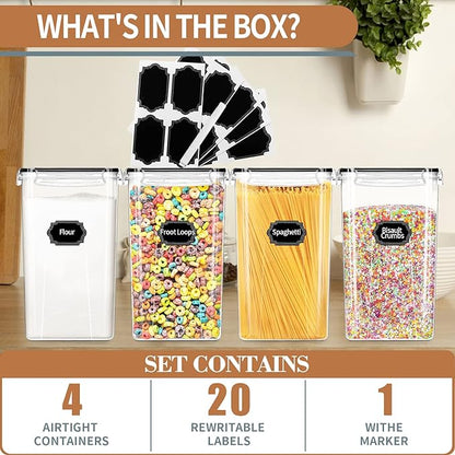 PRAKI Extra Large Tall Airtight Food Storage Containers 6.5L / 220oz, BPA Free, 4pcs Pantry Kitchen Organizers and Storage for Flour, Sugar, Plastic Flour Container with 20 Labels & Maker