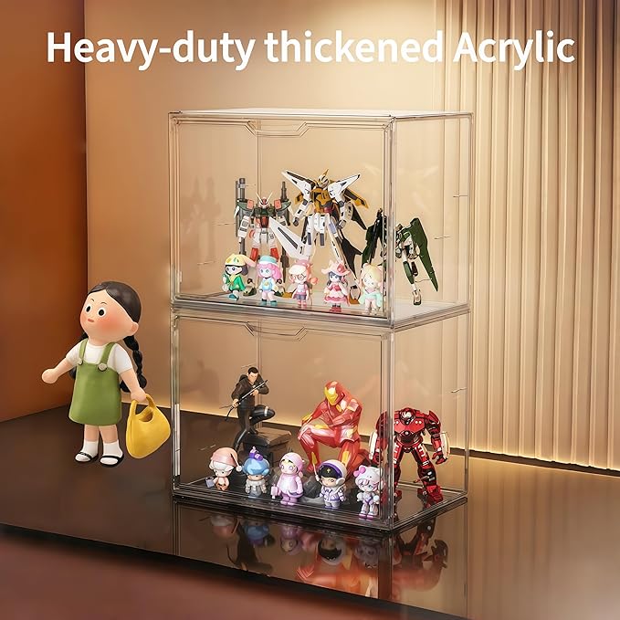 Acrylic Collectible Display Box Transparent Figure Display Box, with Magnetic Door, Stackable Design Dustproof Mini Figure Display Stand Display Organizer Countertop with Adjustable Shelves
