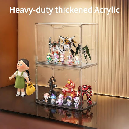 Acrylic Collectible Display Box Transparent Figure Display Box, with Magnetic Door, Stackable Design Dustproof Mini Figure Display Stand Display Organizer Countertop with Adjustable Shelves