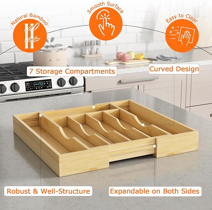 Youpehom Bamboo Utensil Organizer for Kitchen Drawers, Expandable Utensil Tray and Cutlery Silverware Holder,Wood Drawer Dividers with 7 Adjustable Slots