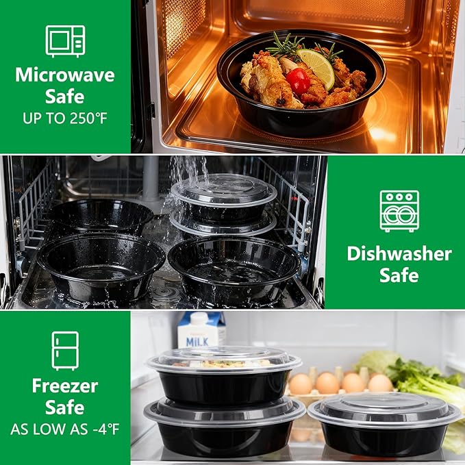 Meal Prep Containers Reusable 10 Pack-24 oz Food Storage Containers with Lids To Go Food Containers Takeout, Microwave Dishwasher Freezer Safe, Stackable, BPA Free, Plastic (Black)