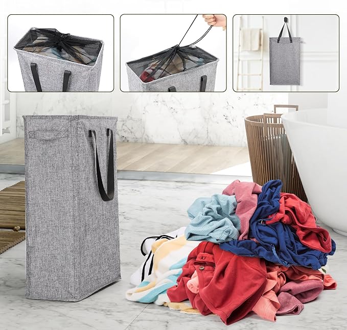 Odonata Slim Laundry Hamper Handles Collapsible Laundry Basket Thin Dirty Clothes Basket Narrow Laundry Bag Foldable Dirty Hamper 45L (Heather Grey)