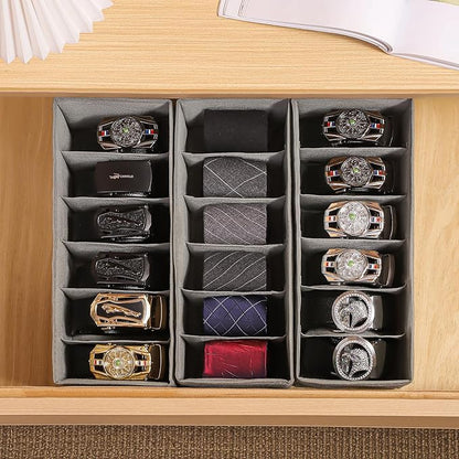 3 Packs Fabric Belt Organizer for Closet and Drawer, Foldable 6 Grids Dresser Drawer Organizers, Belt Tie Holder, Tie Box-Grey