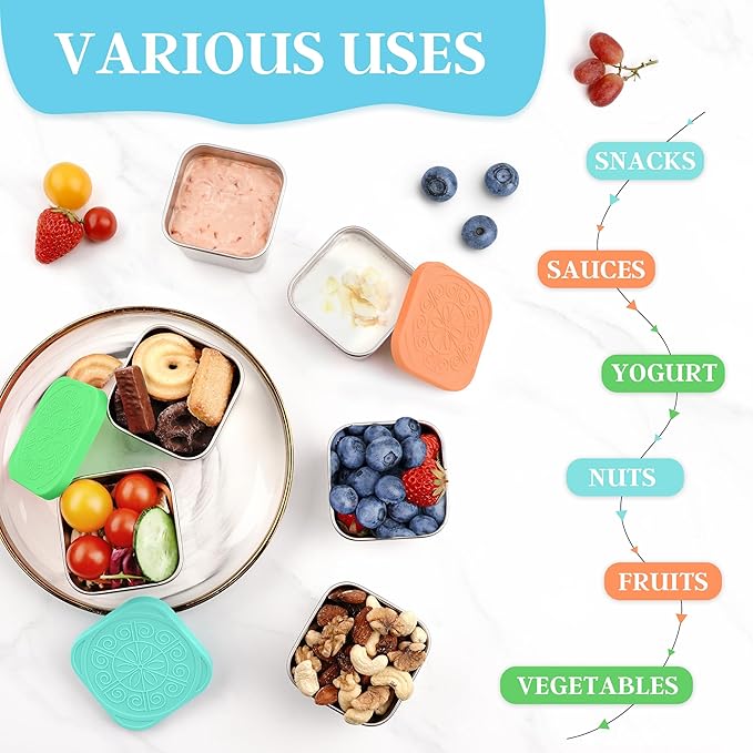 Qukaka Stainless Steel Snack Containers for Kids,7.2oz Easy Open Leak Proof Reusable Snack Box Container with Lids,Small Lunch Containers for Meal Prep,School,Picnic and Travel-3Pack