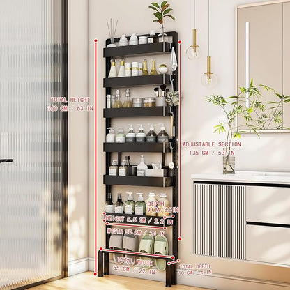 ABCOOL Behind Door Storage Organizer Rack, 6 Tier Adjustable Hanging Baskets Free Standing Thin Metal Space Savers Room Storage Organizers, Back of Door Heavy Duty Storage