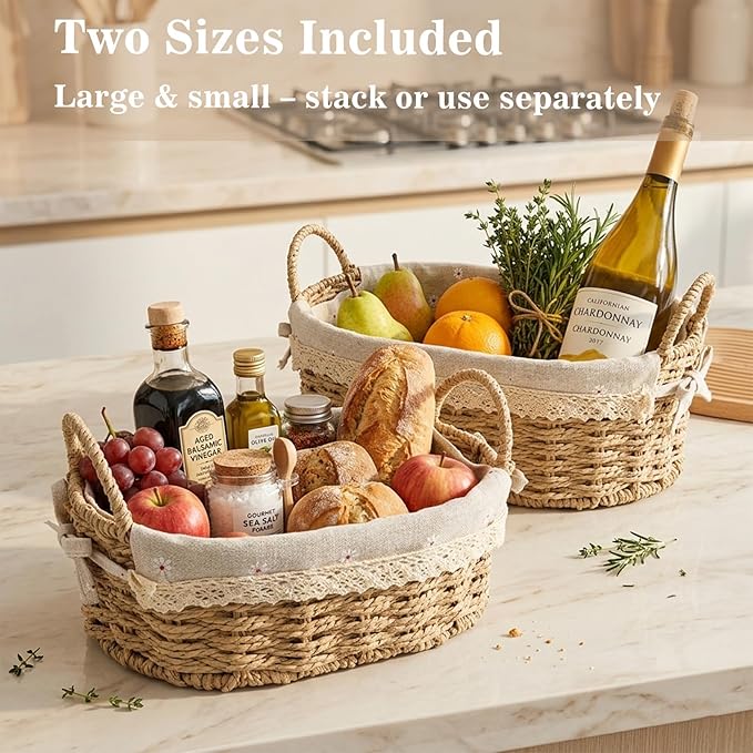 2 Pcs Wicker Basket, Small Woven Storage Baskets with Handles & Liner, Oval Boho Paper Rope Cute Baskets for Gift, Decor, Pantry, Shelf, Table Organizer