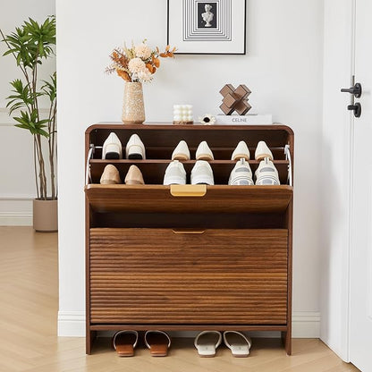 RARZOE Fluted Shoe Cabinet with 2 Flip Drawers, Narrow Curved Shoe Storage Cabinet for Entryway, Freestanding Wood Hidden Shoe Organizer Closed Shoe Rack Cabinet for Foyer, Hallway (29.5''Walnut)