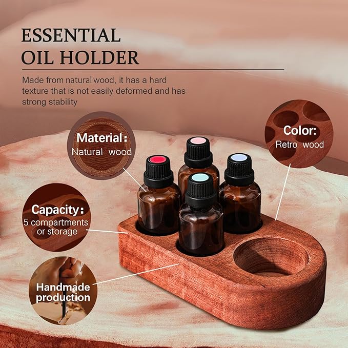 Wooden Essential Oil Holder with 5 Holes (4cmx4 & 6cmx1), Retro Desktop Display Rack for Bathroom Vanity Desk Organizer