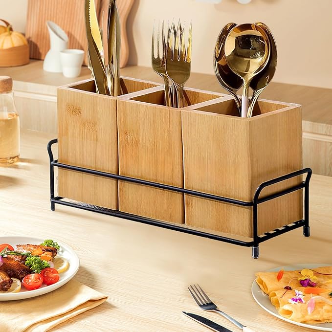 Garvee Bamboo Utensil Holder, Wood Cutlery Holder Silverware Caddy with 3 Detachable Compartments & Handles, Flatware Caddy Fork Spoon Knife Organizer for Kitchen Countertop Party