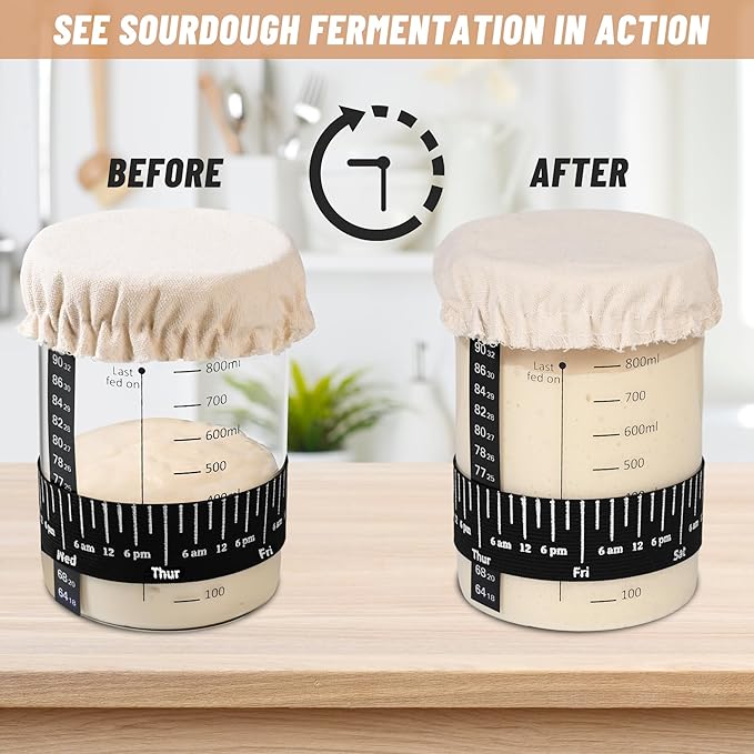 Xileanalee Pro Sourdough Starter Jar Kit- 35 Oz Large Sourdough Starter Glass Jar with Date Marked Feeding Band,Thermometer,Spatula,Cloth Cover& Lid for Sour Dough Bread Loaf