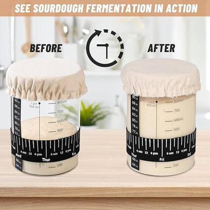 Xileanalee Pro Sourdough Starter Jar Kit- 35 Oz Large Sourdough Starter Glass Jar with Date Marked Feeding Band,Thermometer,Spatula,Cloth Cover& Lid for Sour Dough Bread Loaf