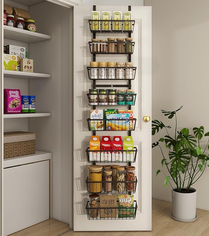 Mefirt 12 Inch Wide Narrow Over The Door Pantry Organizer, Pantry Organization and Storage, Black 8-Tier Metal Hanging Deep Basket Wall Spice Rack Seasoning Shelves, Home & Kitchen Essentials