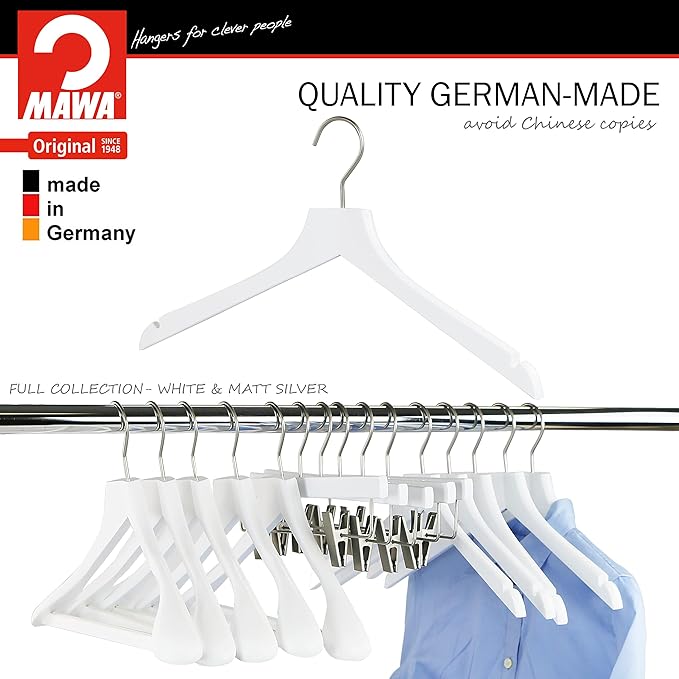 MAWA by Reston Lloyd, European Wooden Hanger, Beech Wood Straight Hanger with Shoulder Notches, Rotating Chrome Hook, White Finish, for Shirts, Blazers, Dress Clothes, Set of 5 (26135)
