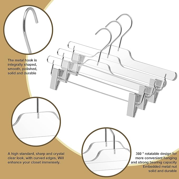 Quality Lucite Acrylic Clear Skirt Pants Hangers 90-Pack, with Adjustable Chrome Metal Clips, Made of Clear Acrylic for a Luxurious Look and Feel with Swivel Hook, Trousers Bottom Hangers