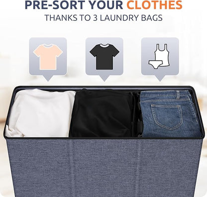 SOLEDI 180L 3-Section Laundry Hamper with Lid, Extra Large Dirty Clothes Basket with Sturdy Handles for Laundry Room & Bedroom - Durable Organizer for Sorting Laundry