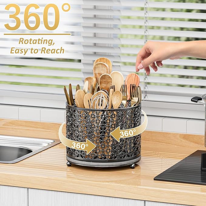 OVICAR 360° Rotating Utensil Holder Caddy - Fast-Drying Silverware Flatware Organizer - 4 Compartment Large Cutlery Holder with Handle For Kitchen Countertop Party Office Picnic Table Black