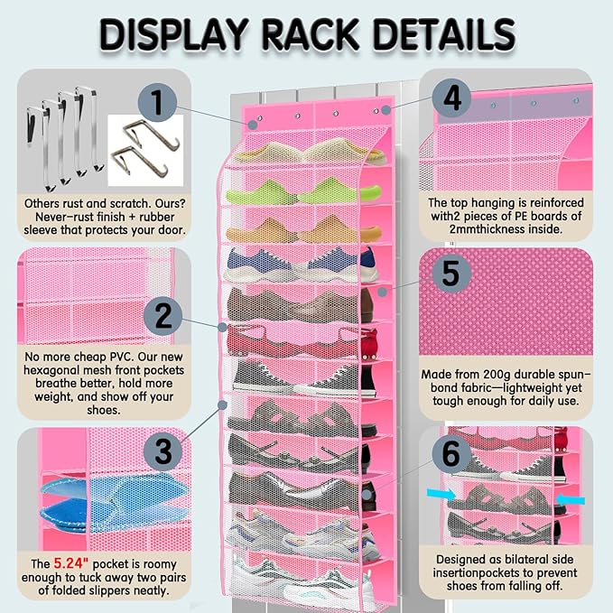 Kotkn Over The Door Shoe Organizer with 12 Large Breathable Pockets - Durable Hanging Storage for the Entire Family's Shoes (Pink)