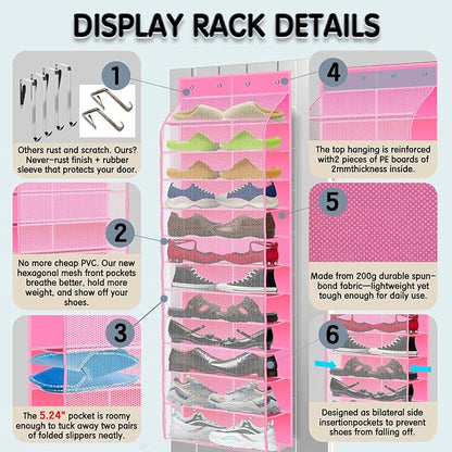 Kotkn Over The Door Shoe Organizer with 12 Large Breathable Pockets - Durable Hanging Storage for the Entire Family's Shoes (Pink)