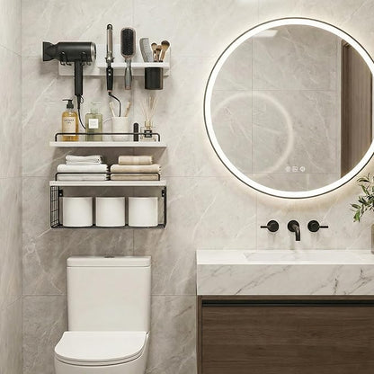 3-Tier Bathroom Floating Shelves with Curling Iron Holder & Hair Tool Organizer, Wall Mounted Rustic Wood Storage Rack Over Toilet with Hair Dryer Holder for Bathroom Decor & Organization
