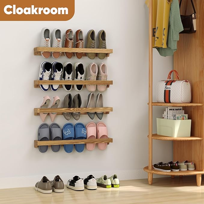 Nisorpa 30 Inch Rustic Burnt Wood Hanging Shoe Rack, Wall Mounted Shoe Rack Storage Organizer Space Saving Footwear Holder for Closet, Mudroom, Entryway, Holds 12 Pairs, Set of 4