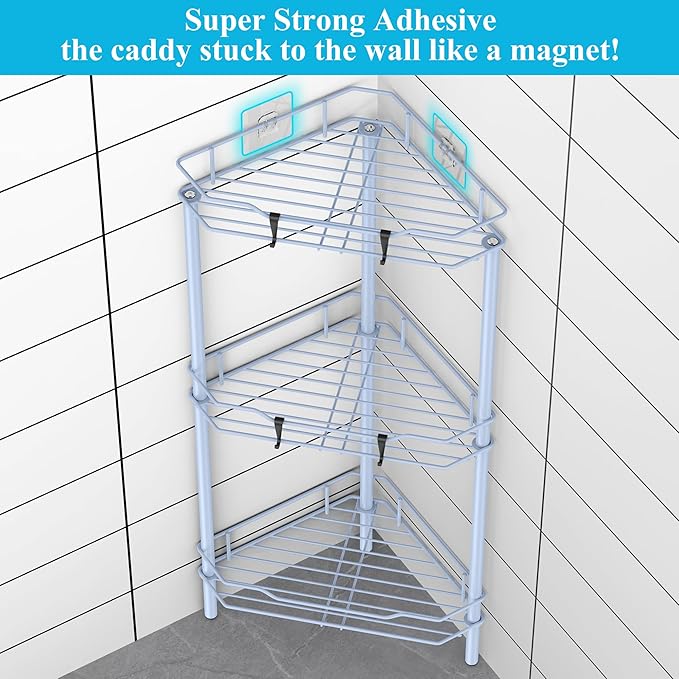 HuggieGems 3 Tier Floor Standing Corner Shower Caddy Organizer Shelf with Hooks, Bathroom Shelves Stand Rack, Blue