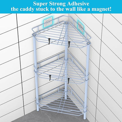 HuggieGems 3 Tier Floor Standing Corner Shower Caddy Organizer Shelf with Hooks, Bathroom Shelves Stand Rack, Blue