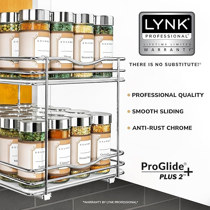 LYNK PROFESSIONAL® Pull Out Spice Organization for Cabinets - 8-3/8 inch Wide – Spice Rack for Inside Cabinets, Slide Out Spice Rack Organizer for cabinet – Pull Out Spice Rack, Sliding 2 Tier Chrome