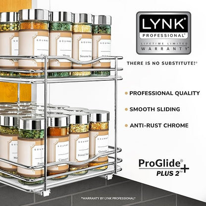 LYNK PROFESSIONAL® Pull Out Spice Organization for Cabinets - 8-3/8 inch Wide – Spice Rack for Inside Cabinets, Slide Out Spice Rack Organizer for cabinet – Pull Out Spice Rack, Sliding 2 Tier Chrome
