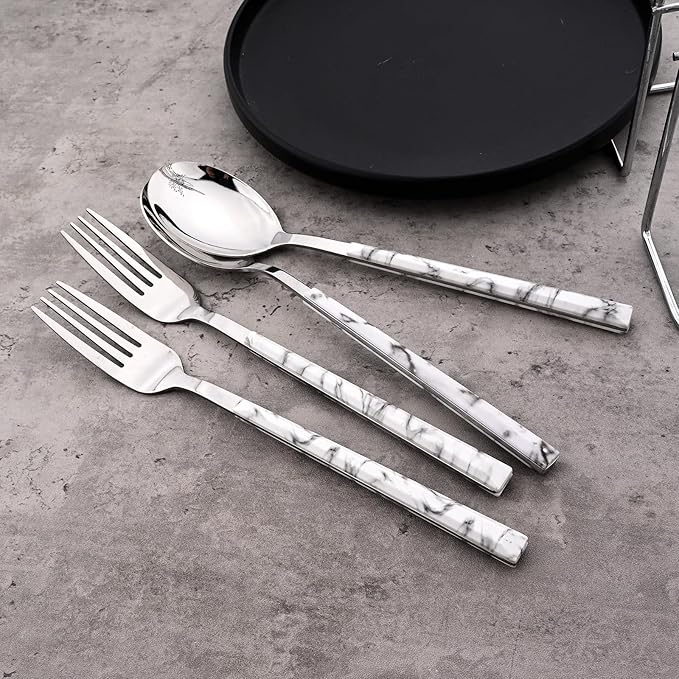 24piece Silverware Set with Hanging Holder, Stainless Steel Tableware Set With Cutlery Storage Rack, Decent Gift Box For Housewarming, Party, Dining - White Silver, set of 6