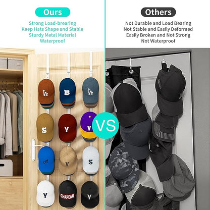 HapiRm Over Door Hat Rack - 3 Packs Hat Organizer with 12 Hooks Design, Hanging Baseball Cap Organizer Storage Holds Up to 60 Caps for Door, Bedroom, Closet (White)