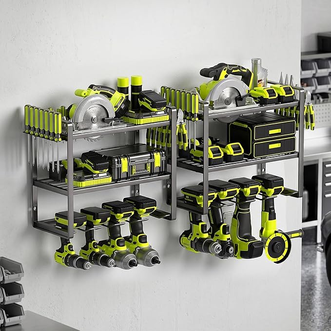 Power Tool Organizer Wall Mount 2 Pack, 4 Drill Holder, Garage Tool Storage and Organization Rack, Heavy Duty Wall Mounted Cordless Drill Organizer, Compatible with Ryobi Tools