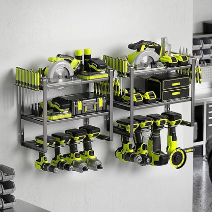 Power Tool Organizer Wall Mount 2 Pack, 4 Drill Holder, Garage Tool Storage and Organization Rack, Heavy Duty Wall Mounted Cordless Drill Organizer, Compatible with Ryobi Tools