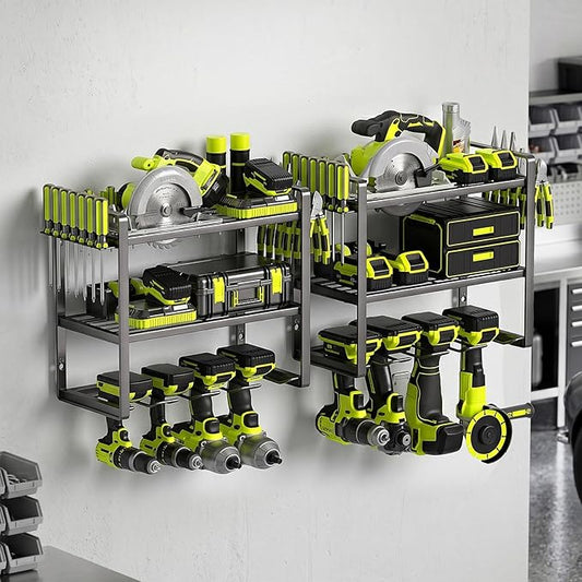 Power Tool Organizer Wall Mount 2 Pack, 4 Drill Holder, Garage Tool Storage and Organization Rack, Heavy Duty Wall Mounted Cordless Drill Organizer, Compatible with Ryobi Tools
