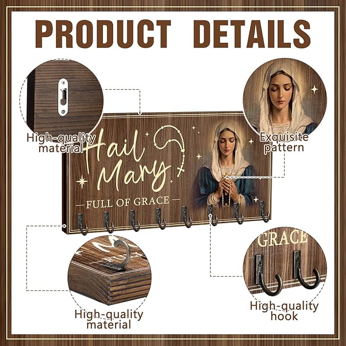 Colingmill Large Wooden Rosary Holder Wall Mounted with 8 Hangers Catholic Rosary Storage Organizer Decorative Hanger Holder for Necklace, Bracelet Prayer Storage(Classic)