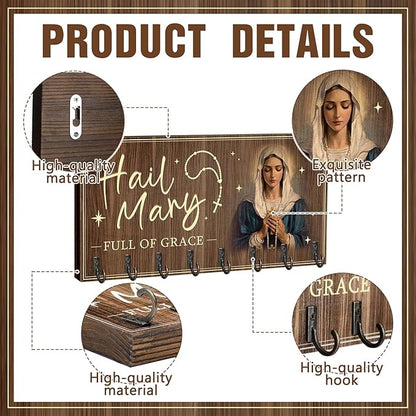 Colingmill Large Wooden Rosary Holder Wall Mounted with 8 Hangers Catholic Rosary Storage Organizer Decorative Hanger Holder for Necklace, Bracelet Prayer Storage(Classic)