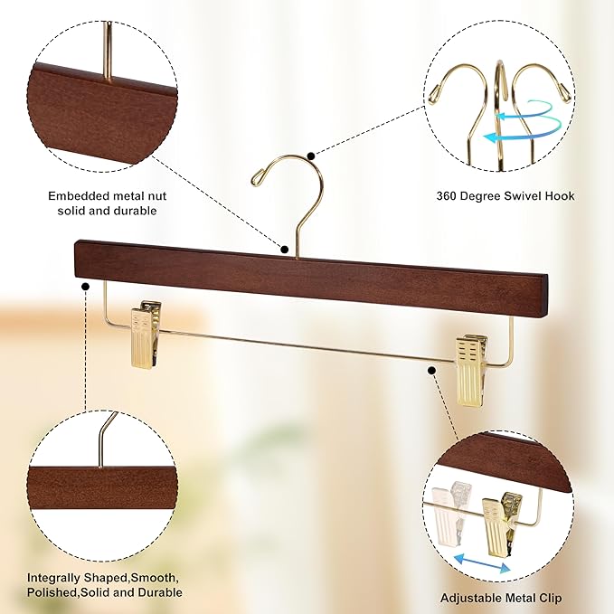 Quality Hangers Wooden Pants Hangers - 100-Pack Swivel Hook Cloth Hanger Set - Lotus Wood Skirt, Pant, Shorts and Slack Hangers with Adjustable Clip – Clothing Hanger Set (Walnut - Gold Hook, 100)