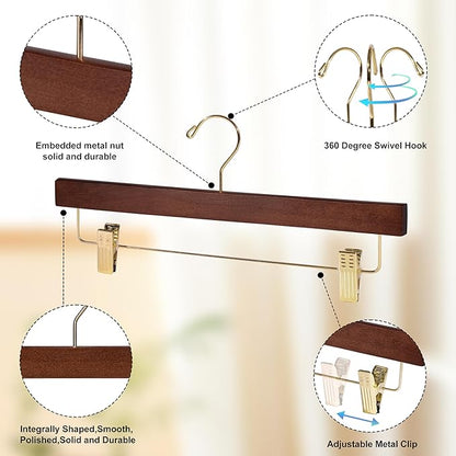 Quality Hangers Wooden Pants Hangers - 20-Pack Swivel Hook Cloth Hanger Set - Lotus Wood Skirt, Pant, Shorts and Slack Hangers with Adjustable Clip (Walnut - Gold Hook, 20)