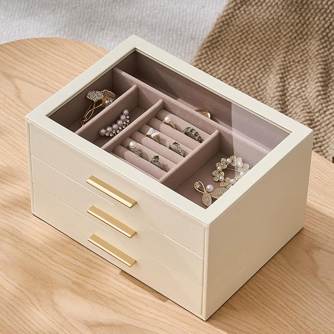 pickpiff Jewelry Box Organizer Case for Women: 3-Layer Jewelry Storage Case with Glass Window, Ivory Leather with Pink Velvet, Holder for Ring Necklace Bracelet Brooch Watch, Great Gift for Her