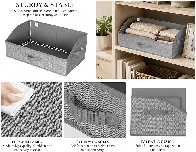 WUIKE Closet Organizers and Storage, Trapezoid Storage Bins, Fabric Closet Bins with Handles, Foldable Storage Baskets for Clothes, Purse, Blanket, Herringbone Gray, Extra Large, 3-Pack
