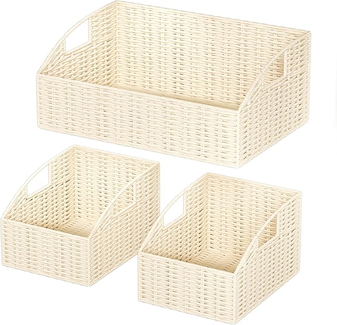 Rattan Storage Baskets, Handwoven Wicker Storage Bins with Built-in Handles, Storage Container Baskets for Shelves, Bedroom, Bathroom, Laundry Room or Kitchen(Beige)