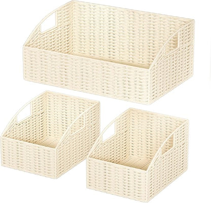 Rattan Storage Baskets, Handwoven Wicker Storage Bins with Built-in Handles, Storage Container Baskets for Shelves, Bedroom, Bathroom, Laundry Room or Kitchen(Beige)