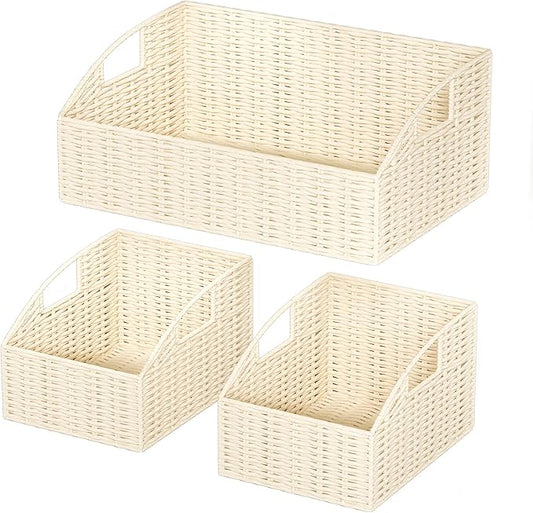 Rattan Storage Baskets, Handwoven Wicker Storage Bins with Built-in Handles, Storage Container Baskets for Shelves, Bedroom, Bathroom, Laundry Room or Kitchen(Beige)