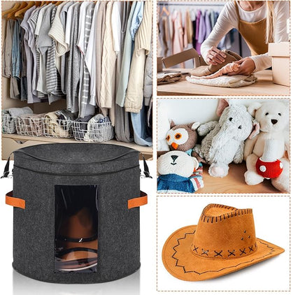Suzile 4 Pcs Hat Boxes Oversized Round Cowboy Hat Storage Box for Women Men 19" x 17" Cowboy Large Felt Organizer Bag Baseball Cap Container with Dustproof Lid for Clothes Case Travel Gift(Dark Gray)