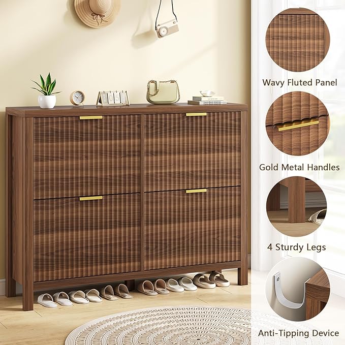 YOMILUVE Shoe Cabinet Storage for Entryway, Fluted Shoe Cabinet with 4 Flip Drawers, Hidden Shoe Rack Freestanding Wooden Shoe Organizer with Legs for Hallway, Walnut