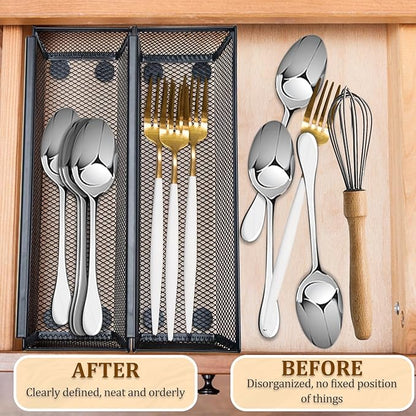 2PCS Drawer Organizer for Kitchen,Utensil Mesh Drawer Organizer with Interlocking Arm for Cosmetic,Flatware,Pen (12 * 3 * 2 Inches,Grey)